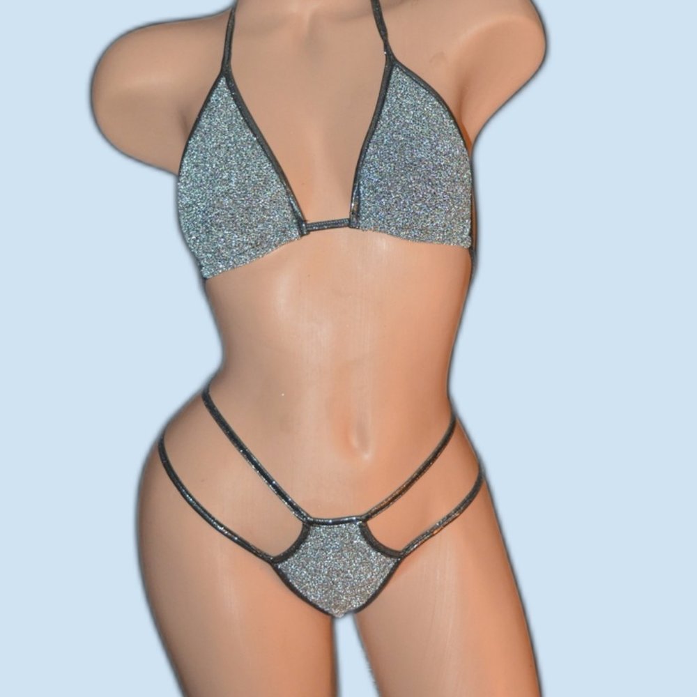 Silver and Black Glitter Two Piece G-String Bikini Costume